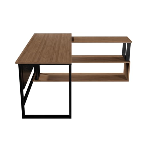 Image of Riyan Luxiwood Hunter L-Shaped Executive Office Desk with Integrated Storage Shelves & Perforated Privacy Panel - Premium Wood Finish & Industrial Metal Frame for Home Office & Professional Workspace