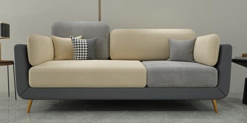 Image of Sixpine Luxury Dual Color Upholstery Sofa in Premium Velvet | Solid Wood Structure | Sturdy Golden Legs | High Density Foam | Extra Comfort for Modern Living Room (Grey & Beige, 3 Seater)