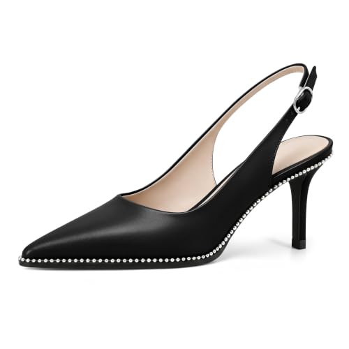 Image of YODEKS Slingback Heels for Women Pointy Toe Beaded Heels Close Toe Kitten Heel Pumps 2.5 Inch Stiletto Pumps Wedding Party Dressy Shoes