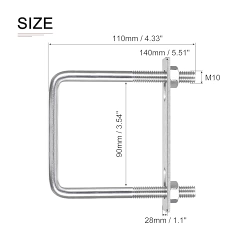 Image of DTGN M10x90x110mm(ThreadxWxL) Square U Bolt - 2Pack - Good for Trailer Pipe Replacement Parts - 304 Stainless Steel U Shape Bolts