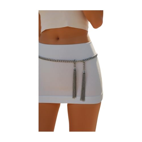 Women Dress Up Fashion Belt Hip High Waist Silver Metal Chain Fringes Buckle Tassel Charm Size XS S M