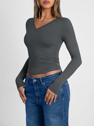 Image of Trendy Queen Womens Long Sleeve Shirts 2026 Fall Fashion Basics Crop Tops
