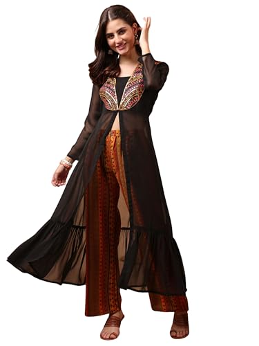 Image of EthnicJunction Women's Georgette Embroidered Hight Front Slit A-Line Co-ords Set | Kurta Palazzo Set | Office wear Kurta Set Kurta Set