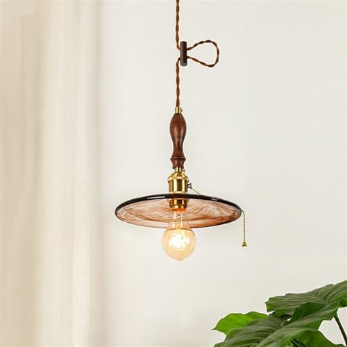 Luminaire suspendu en verre, bois et cuivre vintage 30cm