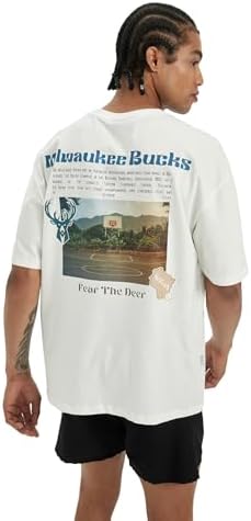 DeFacto DeFactoFit NBA Milwaukee Bucks Oversize Fit Bisiklet Yaka Kısa Kollu%100 Pamuk Tişört Ekru S - Görsel 1