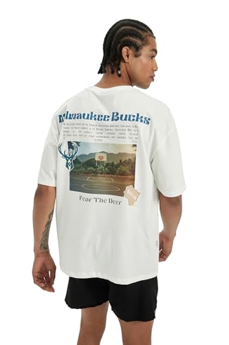 DeFacto DeFactoFit NBA Milwaukee Bucks Oversize Fit Bisiklet Yaka Kısa Kollu%100 Pamuk Tişört Ekru S