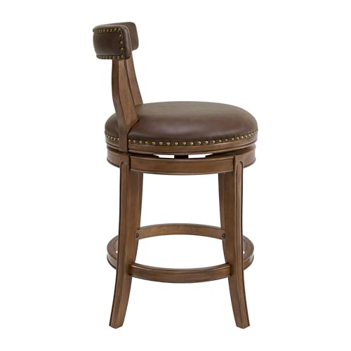 Image of ROME + OAK Ruxban 26 inch Counter Stool, Set of 4 Low Back Swivel Barstools in Walnut Finish with Saddle Brown Vegan Leather Seat - Indoor Home Furniture
