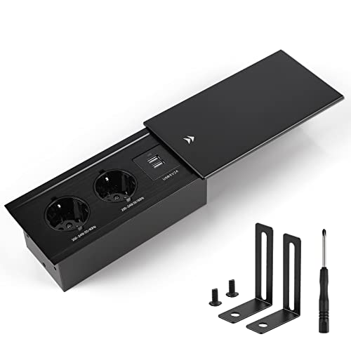 CPROSP Enchufe de Mesa USB con Tapa Deslizante, Regleta Multienchufe Retráctil para Empotrar en la Mesa Negra, Regleta de Esquina de 2 Tomas de Enchufe y 2
