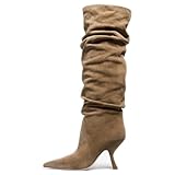 Erocalli Kitten Heel Knee-High Slouch Boots for Women Suede Brown Tall Fall Boot for Women Side Zipper Long Pointed Toe Fashion 2025