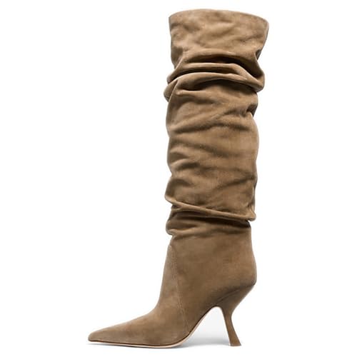 Erocalli Kitten Heel Knee-High Slouch Boots for Women Suede Brown Tall Fall Boot for Women Side Zipper Long Pointed Toe Fashion 2025
