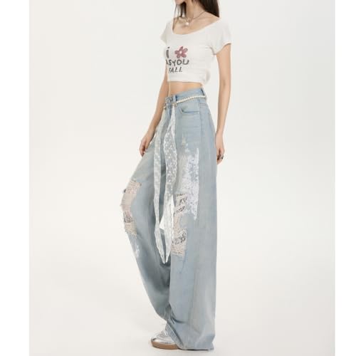Women's Lace Patchwork Hollow Jeans, Y2k Baggy Straight Wide Leg Denim Pants, Embellished Floral Hollow Out Pants3
