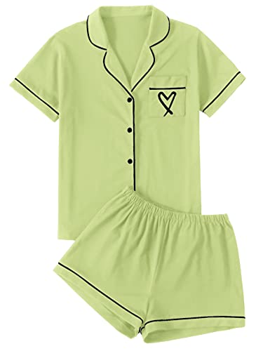LYANER Conjunto de pijama para mujer con estampado de corazón, camisa de manga corta y pantalones cortos, Verde claro, XXL