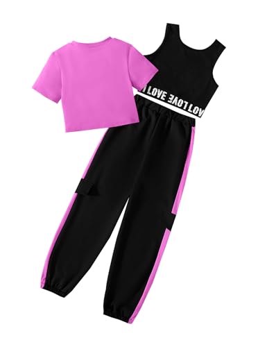 Image of Hilinker Girl's Graphic 3 Piece Outfits Short Sleeve Crop Top Tank and Sweatpants Workout Set Hot Pink Black 11-12Y