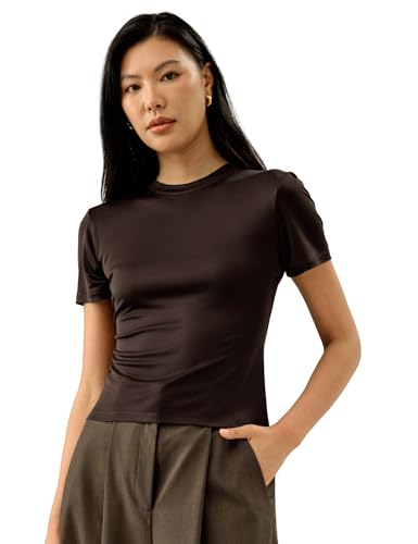 LilySilk 100% Silk Jersey Tee Slim Fit Crew Neck Short Sleeves Cropped T Shirt Casual Solid Tops M Cocoa