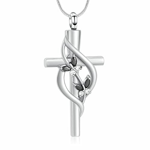 Minicremation Cremation Jewelry Urn Necklaces for Ashes Crystal Butterfly Cross Memorial Pendant for Women Girl Keepsake Gifts Funeral Cross Urn Locket(Black)