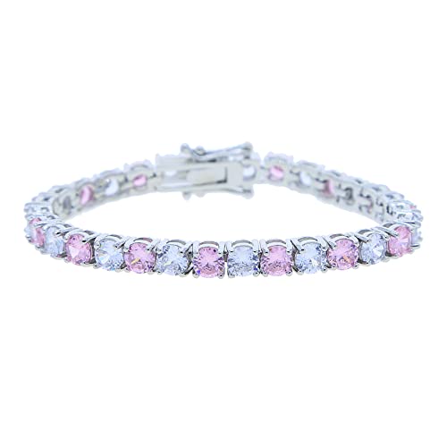 Trendy Single-Row 14K Gold Tennis Chain, Bracelet with 5mm White and Pink Moissanite, Great Gift for Fashion Lovers, Women‘s and Wives