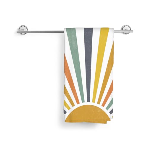 Image of Summer Kitchen Towels Boho Stripes Yellow Sunshine Dish Towels Outdoor Cute Colorful Rainbow Sun Hand Towels,16x24 Inch Farmhouse Decoration Absorbent Dish Cloths Set of 2 for Kitchen