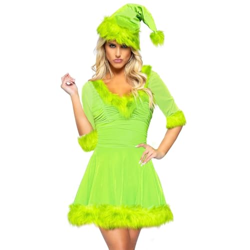 Disfraz de Carnaval Disfraz de señora Claus para mujer, vestido de Cosplay de terciopelo de corte a con adornos de piel, 2 uds., vestido de señorita Santa Claus con Disfraces para adulto(Green,S)