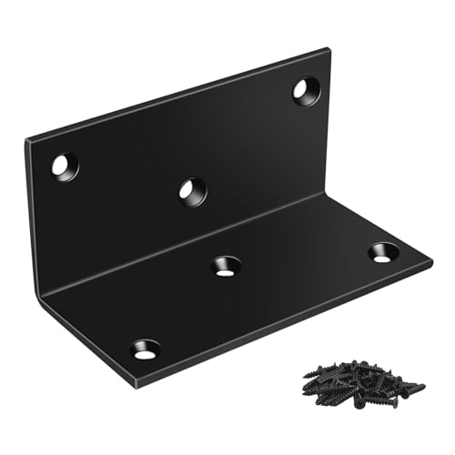 MOZCORN 4 Pack 90-Degree Corner Brace, 2x2x4in Heavy Duty L Brackets, Steel Angle Brackets with Screws, for Furniture, Shelves, Cabinets, DIY Projects, Woodworking, and Home Improvement, Black