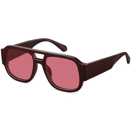 LOOMAKA Square Aviator Sunglasses for Women Men Retro 70s Chunky Double Bridge Glasses Trendy Flat Top Y2K Shades UV400 Protection for Driving & Festival Party