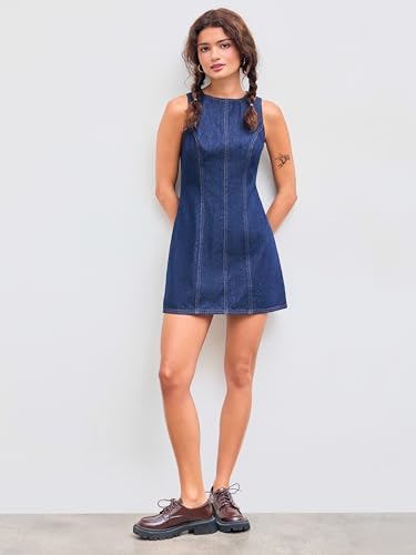 cider denim dress mini casual sleeveless solid high waist zipper jean bodycon tank short dresses
