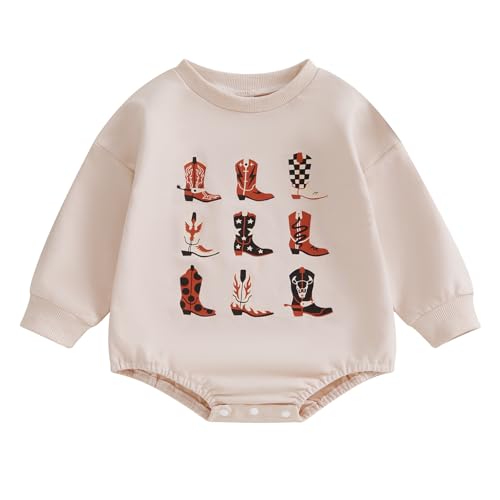 Image of niceclould Western Baby Boy Girl Sweatshirt Romper Classic Long Sleeve Crew Neck Boots Print Bodysuit Newborn Playsuit Fall