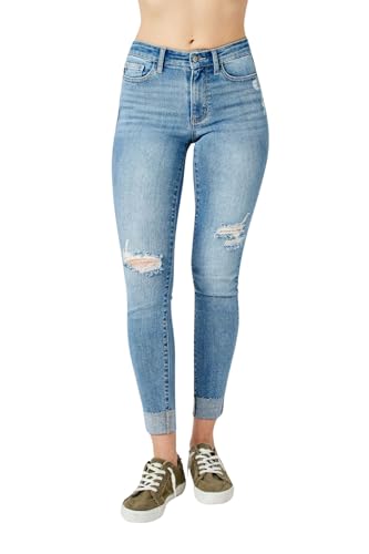 Judy Blue Women's Mid Rise Destroyed & Cuff Skinny Jeans