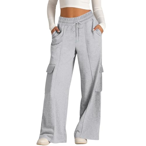 Cargo Sweatpants for Women Drawstring High Waist Wide Leg Pants Gym Workout Jogging Pants Baggy Y2K Trousers with Pockets