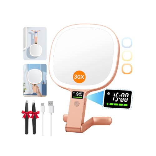 Auxmir Espejo Maquillaje con Luz, Doble Cara 30X/1X Aumento 56 Leds – 2500mAh Recargable USB, Pantalla Inteligente de Reloj y Batería, para Uso de Pared Mesa y Mano, Portátil para Viaje, Oro Rosa