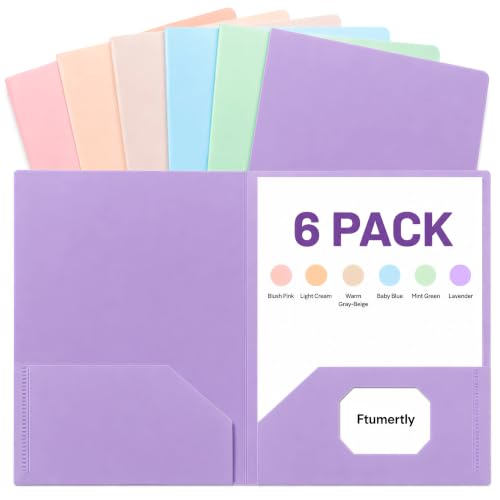 Ftumertly 6 Pack Plastic Folders with Pockets, Letter Size 2 Pocket Poly File Folders with Business Card Slot, Durable Pastel Pocket Folders for Office, Home, Business and Documents