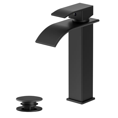 Image of Rywuanku Matte Black Bathroom Faucet Waterfall Spout, Single Handle Sink Faucet with Pop-up Drain & Deck Plate, Modern 1 Hole Vanity Faucet for Vessel Sink