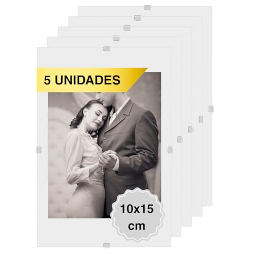 MARCOFOTO Set de 5 Marcos de Fotos – Marco Clip de Cristal sin Marco – Portafotos de Vidrio Transparente con Colgador – Diseno Minimalista para Fotos, Diplomas y Certificados – 10x15 cm