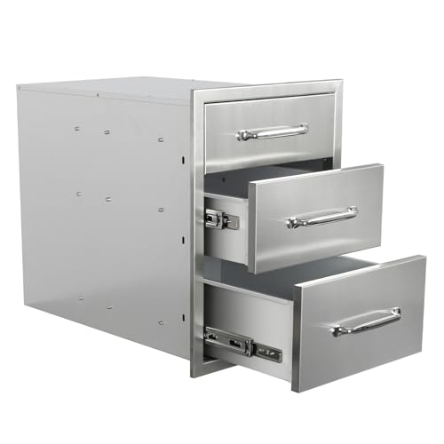 Image of Outdoor Kitchen Drawers 16 inch W x 21 inch H x 23 inch D Stainless Steel Drawer BBQ Triple Drawers with Chrome Handle for Outdoor Kitchen Island, Patio Grill Station