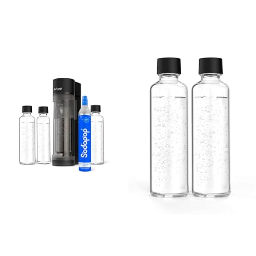 Sodapop Wassersprudler Logan Starterset Mit CO₂-Zylinder und 3x Glasflasche, Matt Schwarz, Höhe 42,6 cm & Glasflaschen-Set, Ersatzflaschen Für Logan, 2X 850 ml