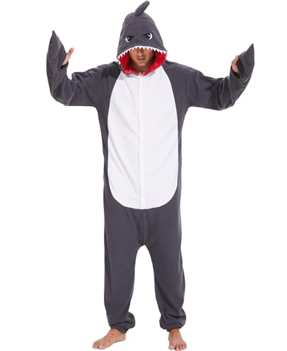 Kidukso Vicious Shark Onesie Pajamas Unisex Animal Shark Costume Halloween Christmas Cosplay Costume Sleepwear, Grey L