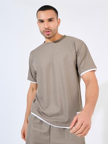 Styli Men Waffle Knit Oversized Badge T-Shirt & Shorts Co-Ords L Beige