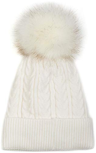 styleBREAKER Damen Feinstrick Bommelmütze mit Zopfmuster, Kunstfell Bommel Mütze, gefütterte Winter Strickmütze 04024100, Farbe:Weiß