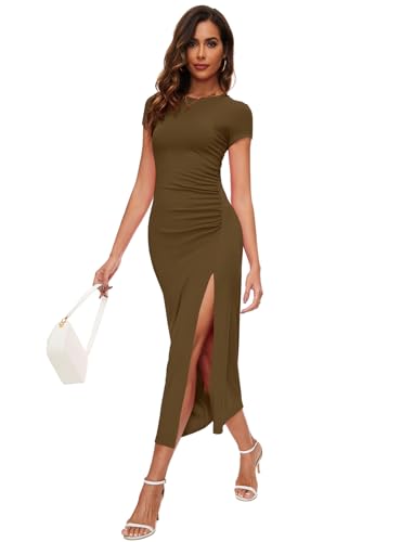 Image of NOVANDO Casual Short Sleeve Ruched Cotton Bodycon Midi Dress for Women 2024 Summer Crew Neck Party Club T Shirt Dress
