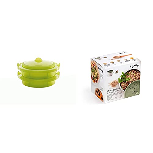 Vaporera De 2 Pisos - Lekue En Oferta Lékué Vaporera Doble Verde 2 Niveles, Silicona, 22 Cm + Recipiente Para Cocinar Quinoa, Arroces Y Cereales, 1 Litro