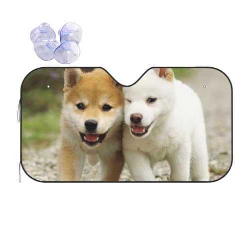 人気2匹の散歩犬 キャラクター かわいい 車用サンシェード フロントカバー 日よけ 遮熱 遮光 断熱 防熱 夏用 折りたたみ カーズ 車 サンシェード 車用 日除け フロントサンシェード 軽自動車 簡単取り付け M