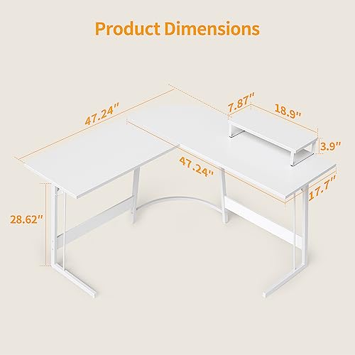 BANTI L Shaped Gaming Office Desk with Monitor Stand, 47 - White