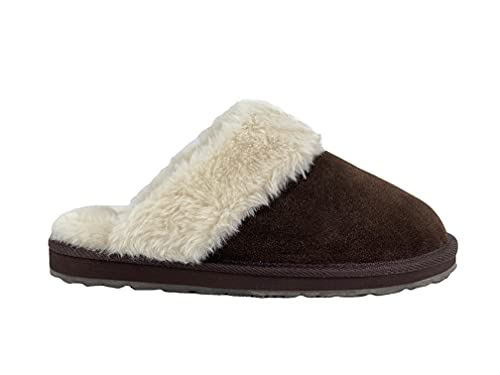 Image of Clarks Womens Open Back Suede Leather Comfort Clog Slipper JMS0583C - Plush Faux Fur Trim - Indoor Outdoor House Slippers For Women