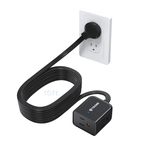 Image of TROND Flat Extension Cord 15ft - Left Angled Flat Plug Power Strip, 3 Grounded Plug Extension Outlets, Three Prong, SPT 16 /3 Gauge Power Cable, 13 Amps, Compact for Indoor Home Office Kitchen, Black