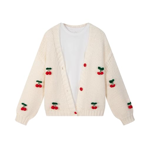 Image of FindThy Women's Kawaii Strawberry Embroidered Cardigan Long Sleeve V Neck Chunky Knitted Cardigans Tops