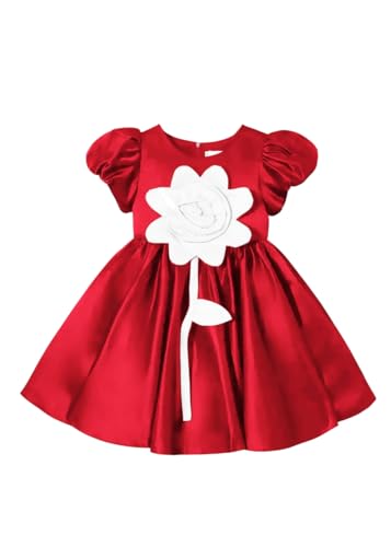Image of Buy & Try Girls Satin Rose Flowered Frock Dress, Puff Sleeves, Knee Length Elegant Occasion Outfit
