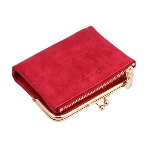 Monedero pequeño de mujer rojo en PU premium, cartera corta con hebilla retro elegante