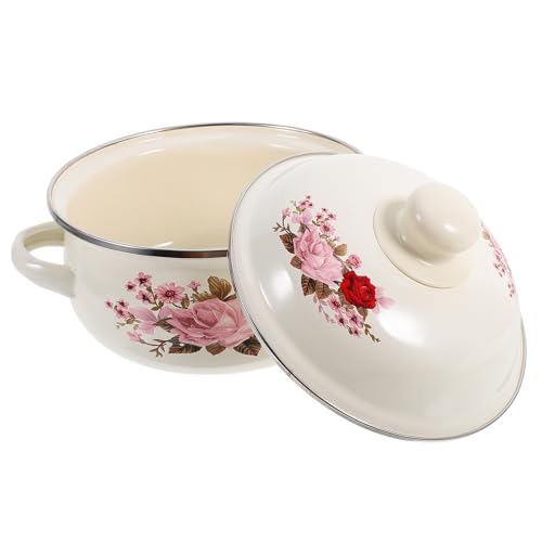 BESPORTBLE Emaillierter Suppentopf mit Deckel 16cm Hitzebeständiger Emaille Kochtopf mit Zwei Griffen Vielseitiger Ramen und Eintopfkocher mit Blumenmuster für Küche und Haushalt