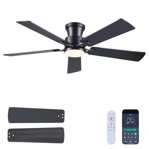 JSAITEE 52Inch Ceiling Fan with Lights and Remotes, Modern Low Profile Flush Mount Ceiling Fans,DC Reversible Motor, 3CCT Dimmable,Noiseless,Dual Finish, Black 6 Speeds Ceiling Fan for Indoor/Outdoor