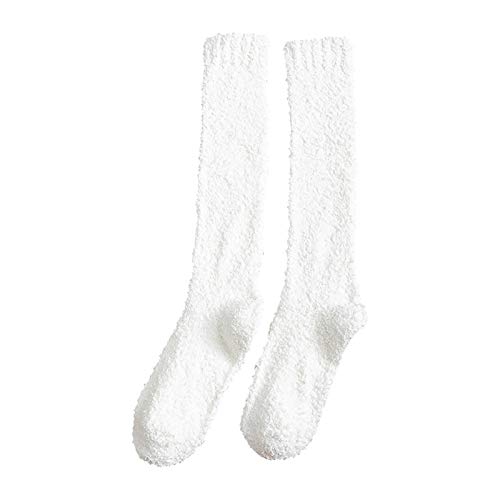 Calcetines mullidos para mujer, calcetines cálidos de coral, calcetines medios lindos de pantorrilla sólidos, calcetines sobre la pantorrilla para mujer (blanco, talla única)