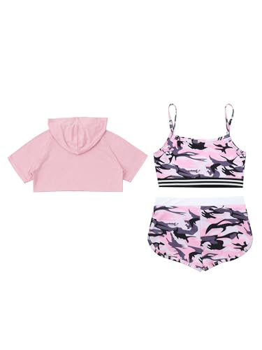 TiaoBug 3Piece Gymnastics Outfit for Kids Girls Dance Crop Hoodie Sport Bra Training Tank And Camouflage Shorts Boyshorts Set4